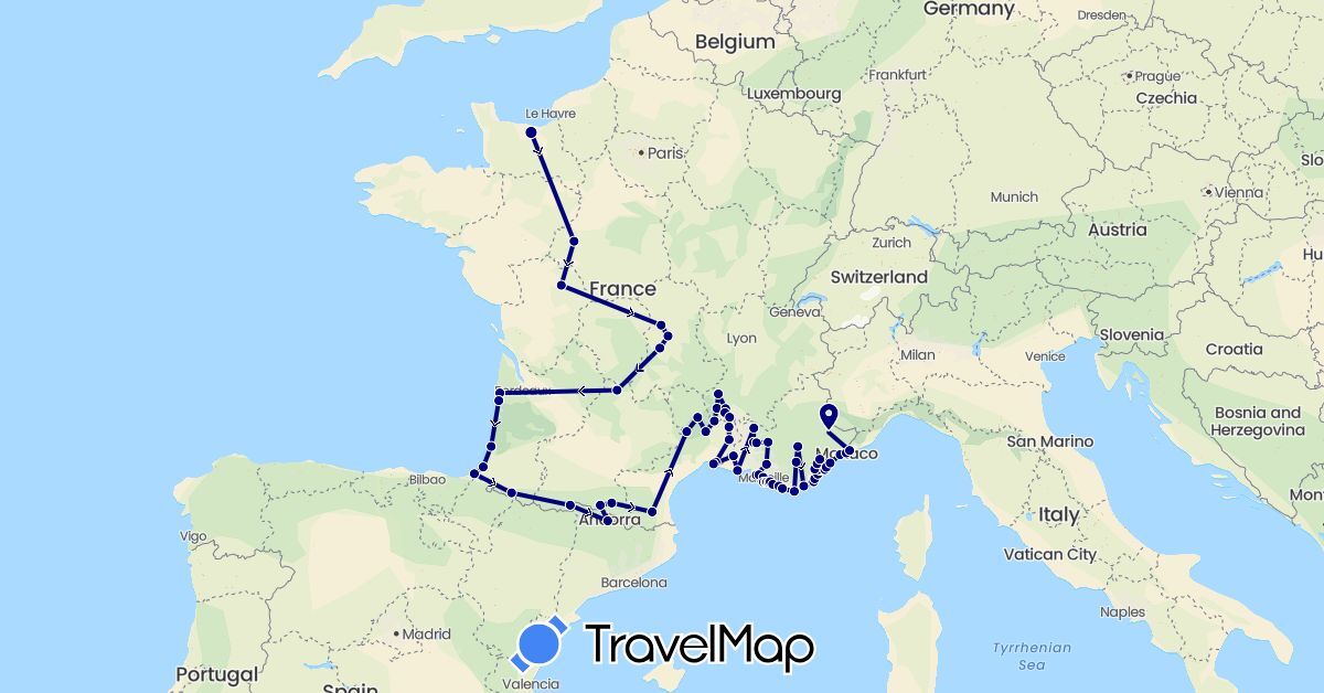 TravelMap itinerary: driving in Andorra, France, Monaco (Europe)